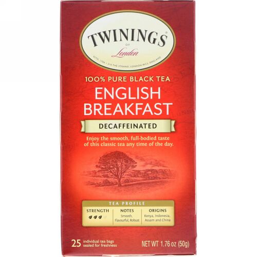 Twinings, 100％純茶葉の紅茶、イングリッシュブレックファースト、ノンカフェイン、ティーバッグ25包、50g（1.76オンス）