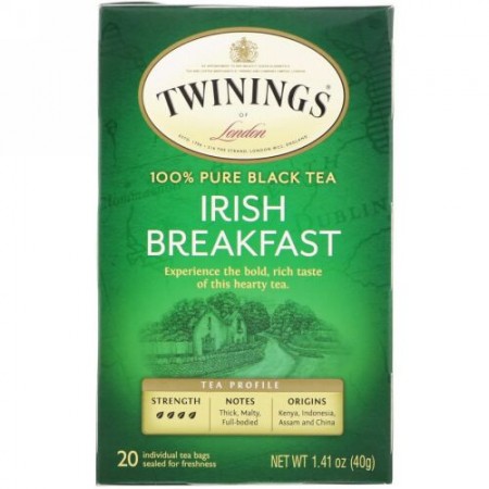 Twinings, 100% Pure Black Tea, Irish Breakfast Tea, 20 Tea Bags, 1.41 oz (40 g) (Discontinued Item)
