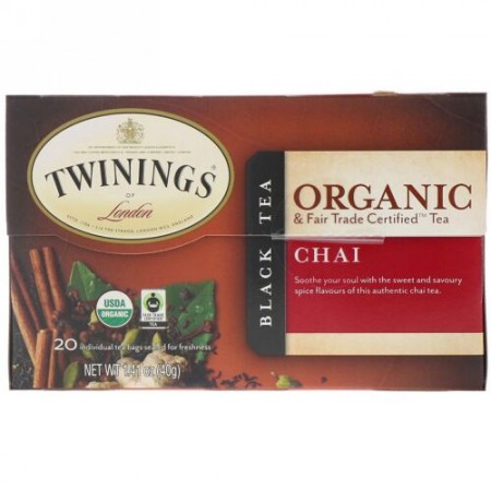 Twinings, Organic Black Tea, Chai, 20 Tea Bags, 1.41 oz (40 g) (Discontinued Item)