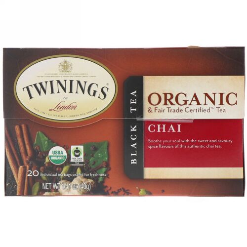 Twinings, Organic Black Tea, Chai, 20 Tea Bags, 1.41 oz (40 g) (Discontinued Item)
