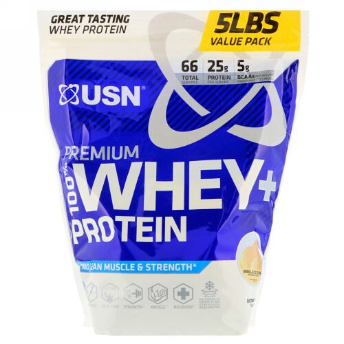 USN, 高品質100%ホエイ + プロテイン、バニラアイスクリーム、5 lbs (2.27 kg) (Discontinued Item)
