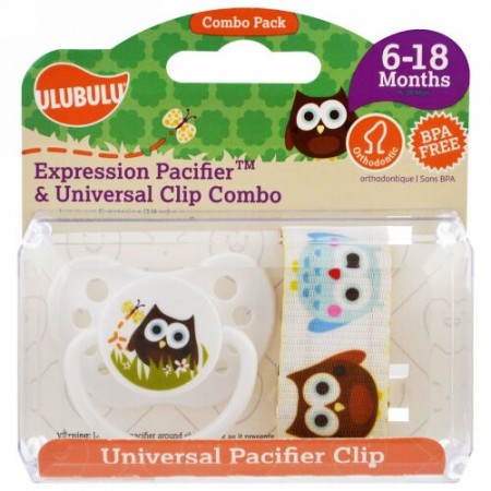 Ulubulu, Expression Pacifiers & Universal Clip Combo, Owl, 6-18 Months (Discontinued Item)