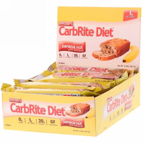 Universal Nutrition, ドクターズCarbRite Diet（カーボライトダイエット）バー、チョコレートがけバナナナッツとアーモンド、12本、各56.7g（2オンス）