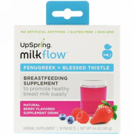 UpSpring, ミルクフロー、フェヌグリーク＋アザミのサプリメントドリンク、天然ベリー味、18袋、各0.35 oz (10 g)
