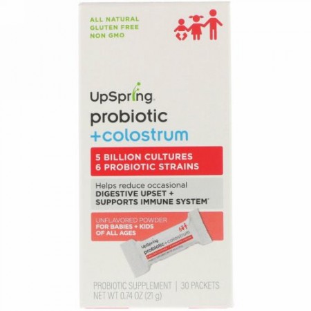 UpSpring, プロバイオティクス+初乳, 無香料パウダー, 30袋 , 各0.74オンス (21 g)
