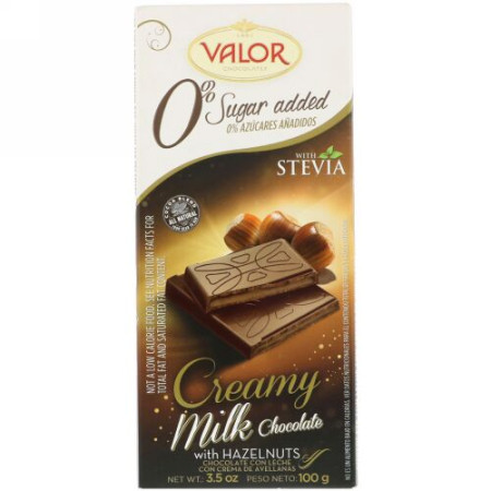 Valor, 砂糖無添加、ヘーゼルナッツ入りのクリーミーなミルクチョコレート、3.5 oz (100 g) (Discontinued Item)