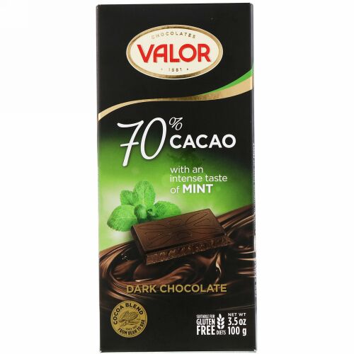 Valor, ダークチョコレート、 70% カカオ、 ミント入り、 3.5 オンス (100 g) (Discontinued Item)