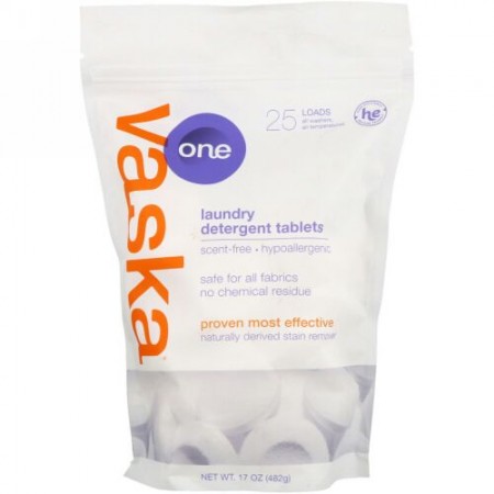 Vaska, One, Laundry Detergent Tablets, Scent Free, 25 Loads, 17 oz (482 g) (Discontinued Item)