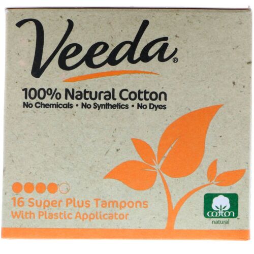 Veeda, 100% Natural Cotton Tampon with Plastic Applicator, Super Plus, 16 Tampons (Discontinued Item)