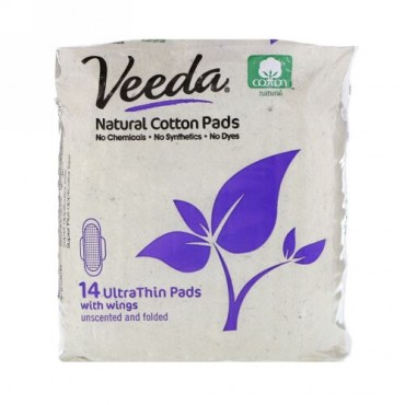 Veeda, Natural Cotton Pads with Wings, Ultra Thin, 14 Pads (Discontinued Item)