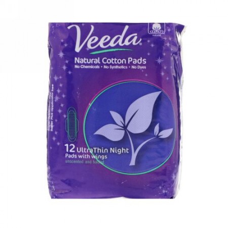 Veeda, Natural Cotton Pads with Wings, Ultra Thin, Night, 12 Pads (Discontinued Item)