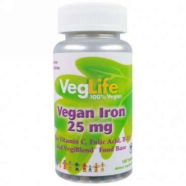 VegLife, ビーガンアイロン, 25 mg, 100錠