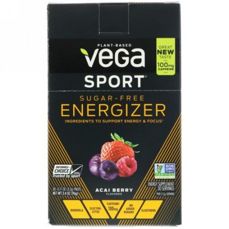 Vega, スポーツ、無糖エナジャイザー、アサイーベリー、30袋、各0.11 oz (3.2 g)  (Discontinued Item)