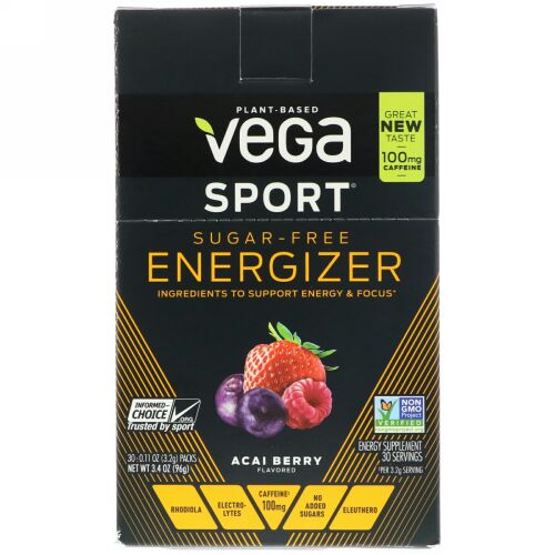 Vega, スポーツ、無糖エナジャイザー、アサイーベリー、30袋、各0.11 oz (3.2 g)  (Discontinued Item)