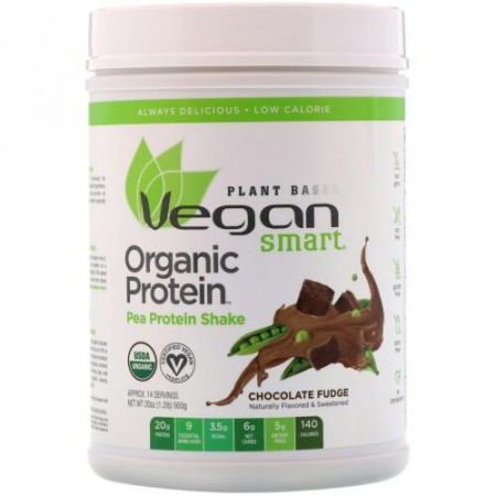 VeganSmart, オーガニックエンドウ豆プロテインシェイク、チョコレートファッジ、20オンス (560 g) (Discontinued Item)