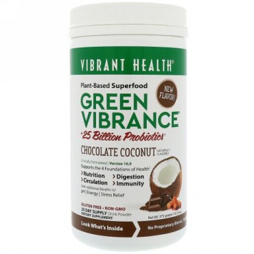 Vibrant Health, グリーンバイブランス+プロバイオティクス25億、バージョン16.0、チョコレートココナッツ、13.23 oz (375 g) (Discontinued Item)
