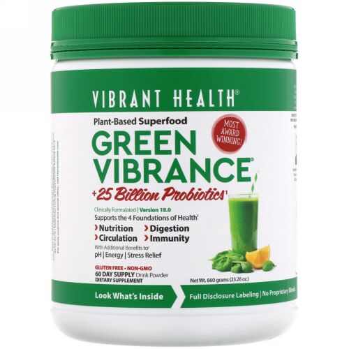 Vibrant Health, グリーンバイブランス+ プロバイオティクス2500億、バージョン18.0、25.04 oz (709.8 g)