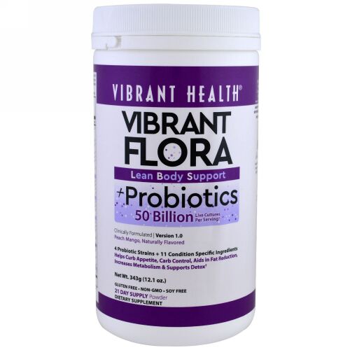 Vibrant Health, Vibrant Flora、引き締まった体をサポート、プロバイオティクス、バージョン1.0、ピーチマンゴー、1.21オンス (343 g) (Discontinued Item)