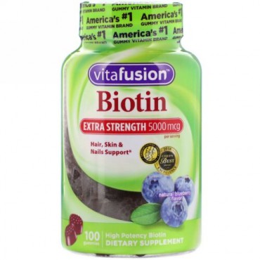 VitaFusion, エクストラストレングスビオチン、天然フルーベリー風味、5,000mcg、グミ100粒