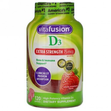 VitaFusion, Extra Strength D3, Bone & Immune Support, Natural Strawberry Flavor, 75 mcg, 120 Gummies
