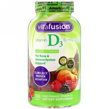 VitaFusion, ビタミンD3、天然ピーチ＆ベリー風味、50mcg（2,000IU）、グミ150粒