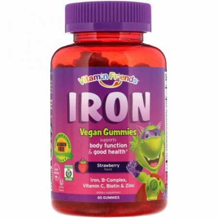 Vitamin Friends, 鉄分ビーガングミ、ストロベリー風味、ペクチングミ60粒