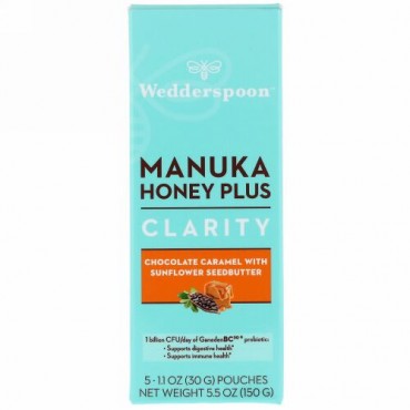 Wedderspoon, Manuka Honey Plus, Clarity, Chocolate Caramel with Sunflower Seedbutter, 5 Pouches, 1.1 oz (30 g) Each (Discontinued Item)