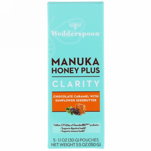 Wedderspoon, Manuka Honey Plus, Clarity, Chocolate Caramel with Sunflower Seedbutter, 5 Pouches, 1.1 oz (30 g) Each (Discontinued Item)