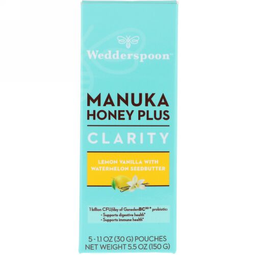 Wedderspoon, Manuka Honey Plus, Clarity, Lemon Vanilla with Watermelon Seedbutter, 5 Pouches, 1.1 oz (30 g) Each (Discontinued Item)