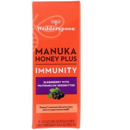 Wedderspoon, マヌカハニープラス、免疫、エルダーベリーとスイカシードバター、5袋、各1.1オンス (30 g) (Discontinued Item)
