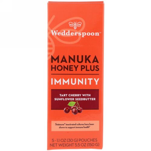 Wedderspoon, Manuka Honey Plus, Immunity, Tart Cherry with Sunflower Seedbutter, 5 Pouches, 1.1 oz (30 g) Each (Discontinued Item)