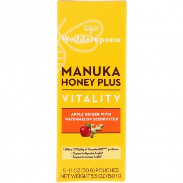 Wedderspoon, Manuka Honey Plus, Vitality, Apple Ginger with Watermelon Seedbutter, 5 Pouches, 1.1 oz (30 g) Each (Discontinued Item)