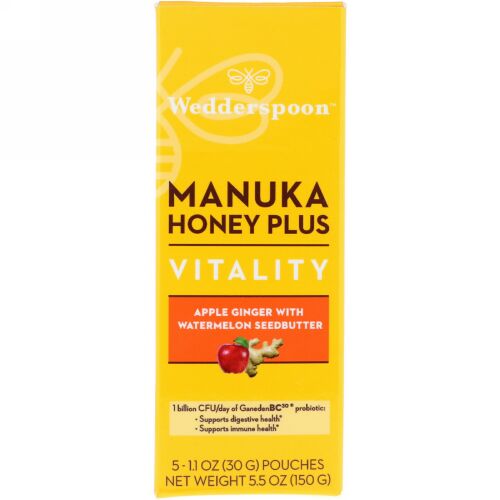 Wedderspoon, Manuka Honey Plus, Vitality, Apple Ginger with Watermelon Seedbutter, 5 Pouches, 1.1 oz (30 g) Each (Discontinued Item)