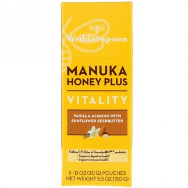 Wedderspoon, Manuka Honey Plus, Vitality, Vanilla Almond with Sunflower Seedbutter, 5 Pouches, 1.1 oz (30 g) Each (Discontinued Item)