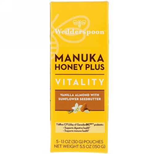Wedderspoon, Manuka Honey Plus, Vitality, Vanilla Almond with Sunflower Seedbutter, 5 Pouches, 1.1 oz (30 g) Each (Discontinued Item)