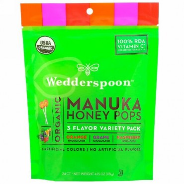 Wedderspoon, オーガニックマヌカハニー  ポップ, 3種類のフレーバーのバラエティーパック, 24 カウント, 118g（4.15 oz）