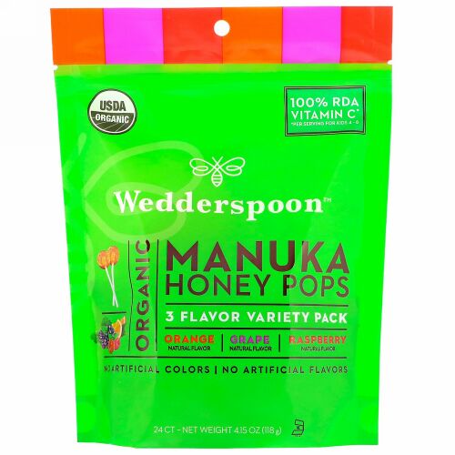 Wedderspoon, オーガニックマヌカハニー  ポップ, 3種類のフレーバーのバラエティーパック, 24 カウント, 118g（4.15 oz）