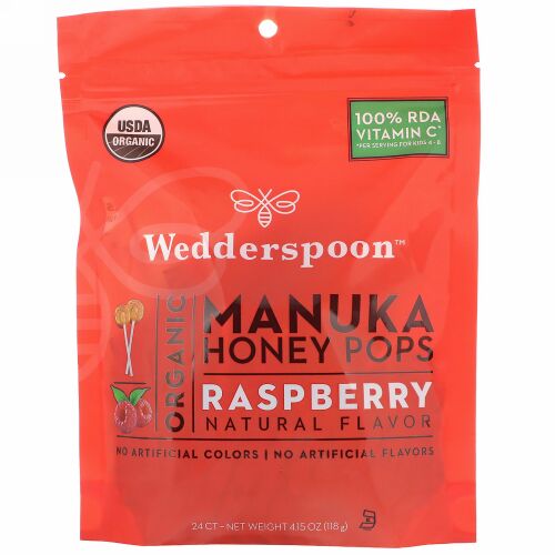 Wedderspoon, Organic Manuka Honey Pops, Raspberry, 24 Count, 4.15 oz (118 g) (Discontinued Item)