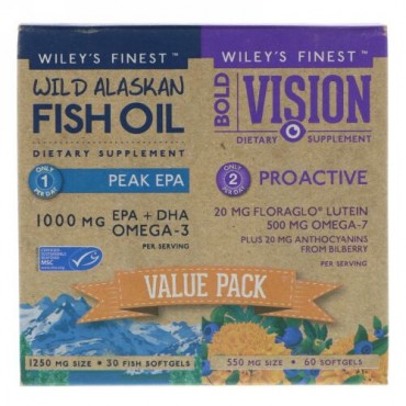 Wiley's Finest, Bold Vision, Proactive & Wild Alaskan Fish Oil, Peak EPA, Value Pack, 60 Softgels & 30 Softgels (Discontinued Item)