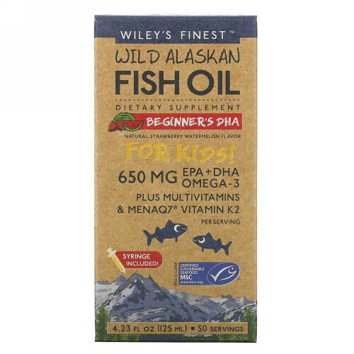 Wiley's Finest, ワイルド・アラスカン・フィッシュオイル、子供用！、初心者向けDHA、天然イチゴ・スイカ風味、650 mg、4.23 液体オンス（125 ml）