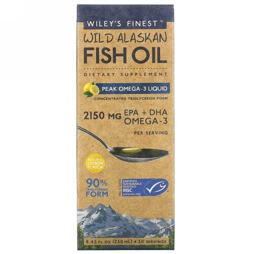 Wiley's Finest, Wild Alaskan Fish Oil, Peak Omega-3 Liquid, Natural Lemon Flavor, 2,150 mg, 8.45 fl oz (250 ml)
