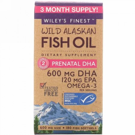 Wiley's Finest, ワイルド・アラスカン・フィッシュオイル、胎児期DHA、600mg、フィッシュソフトジェル180錠