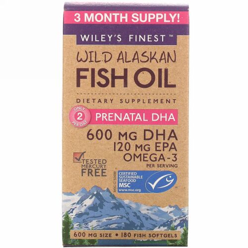 Wiley's Finest, ワイルド・アラスカン・フィッシュオイル、胎児期DHA、600mg、フィッシュソフトジェル180錠