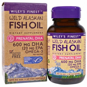 Wiley's Finest, ワイルド・アラスカン・フィッシュオイル、胎児期DHA、600mg、フィッシュ・ソフトジェル60錠