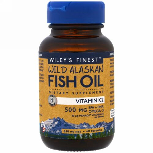 Wiley's Finest, ワイルドアラスカンフィッシュオイル、ビタミンK2、フィッシュオイルソフトジェル60粒