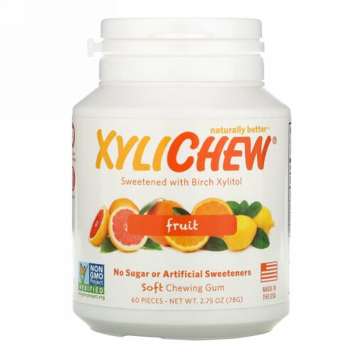Xylichew, バーチキシリトールによって自然に甘味がつけられたガム、フルーツ、60粒