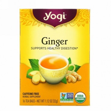 Yogi Tea, オーガニックジンジャー, カフェインフリー, 16ティーバッグ, 1.12 oz （32 g）
