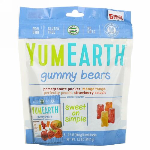 YumEarth, グミベアー、盛り合わせ風味、スナックパック5袋、各0.7 oz (19.8 g)
