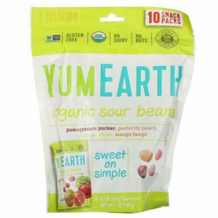 YumEarth, Organic Sour Beans, 10 Snack Packs, 0.7 oz (19.8 g) Each