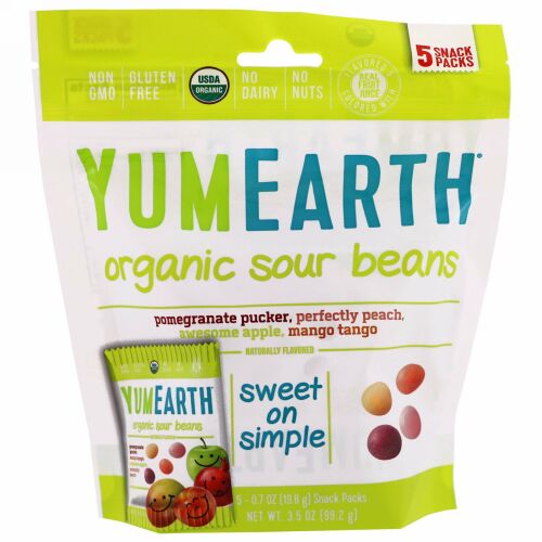 YumEarth, Organic Sour Beans, Assorted Flavors, 5 Snack Packs, 0.7 oz (19.8 g) Each (Discontinued Item)